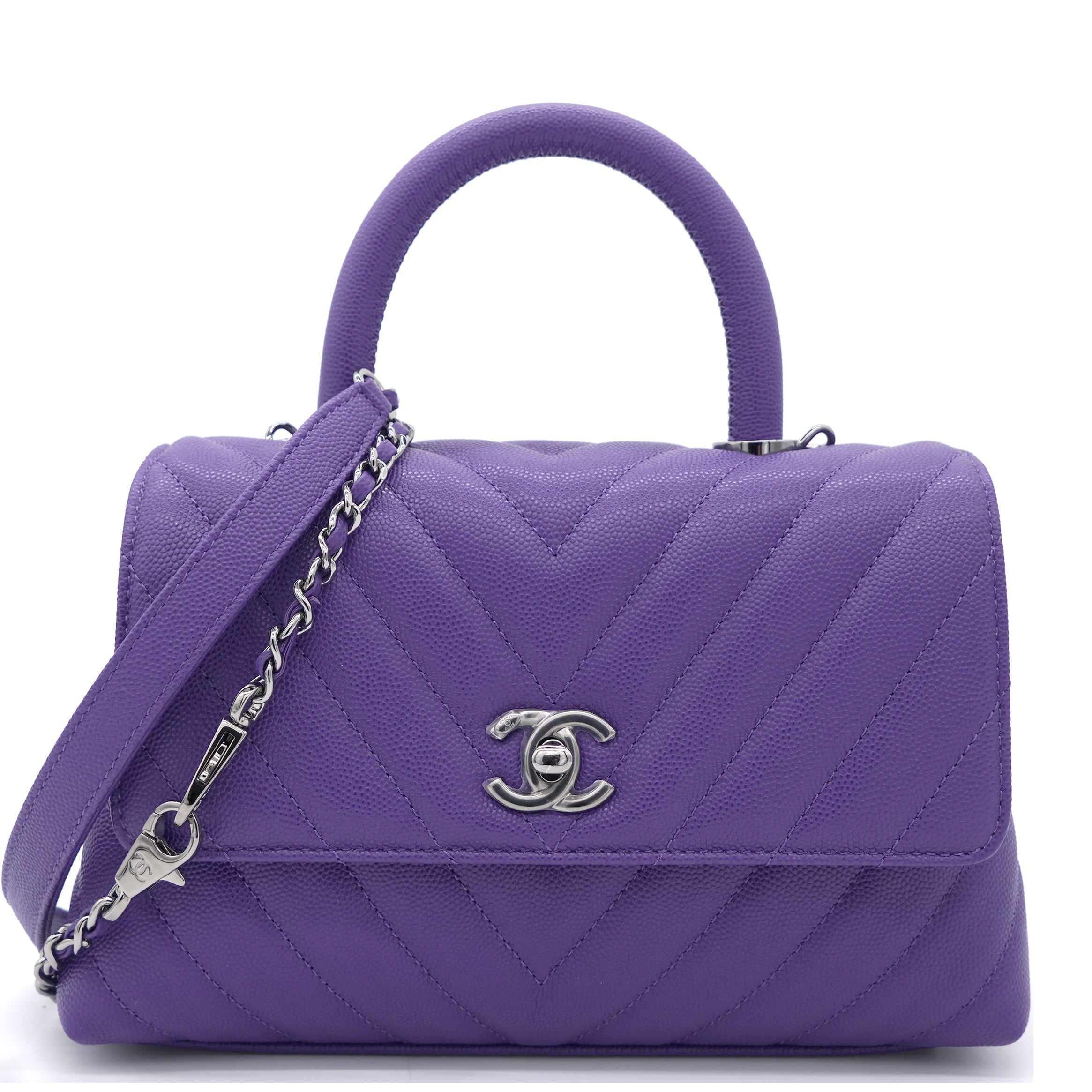 Purple Chevron Caviar Leather Mini Coco Top Handle Bag