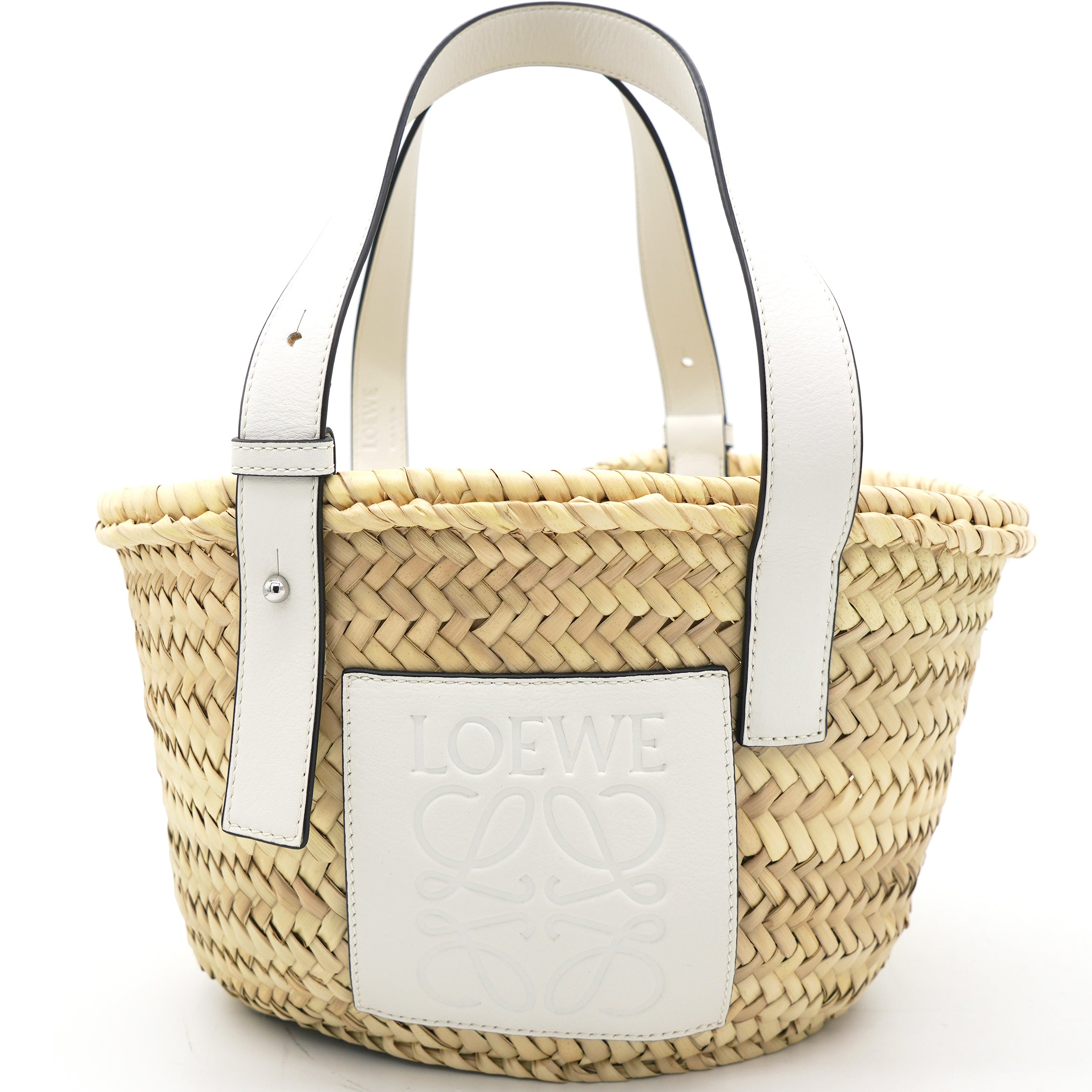 White Woven Raffia and Leather Basket Bag