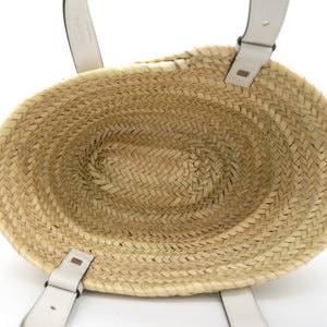 White Woven Raffia and Leather Basket Bag