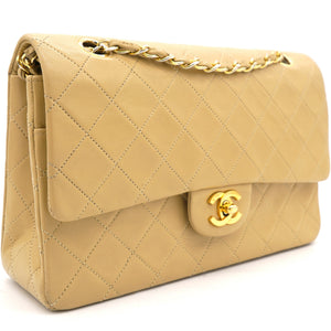 Beige Quilted Lambskin Leather Medium Classic Vintage Double Flap Shoulder Bag