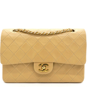 Beige Quilted Lambskin Leather Medium Classic Vintage Double Flap Shoulder Bag