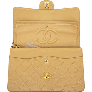 Beige Quilted Lambskin Leather Medium Classic Vintage Double Flap Shoulder Bag