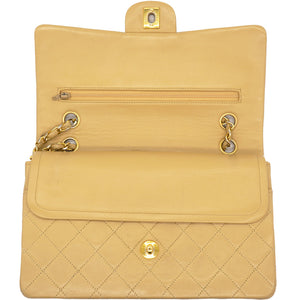Beige Quilted Lambskin Leather Medium Classic Vintage Double Flap Shoulder Bag