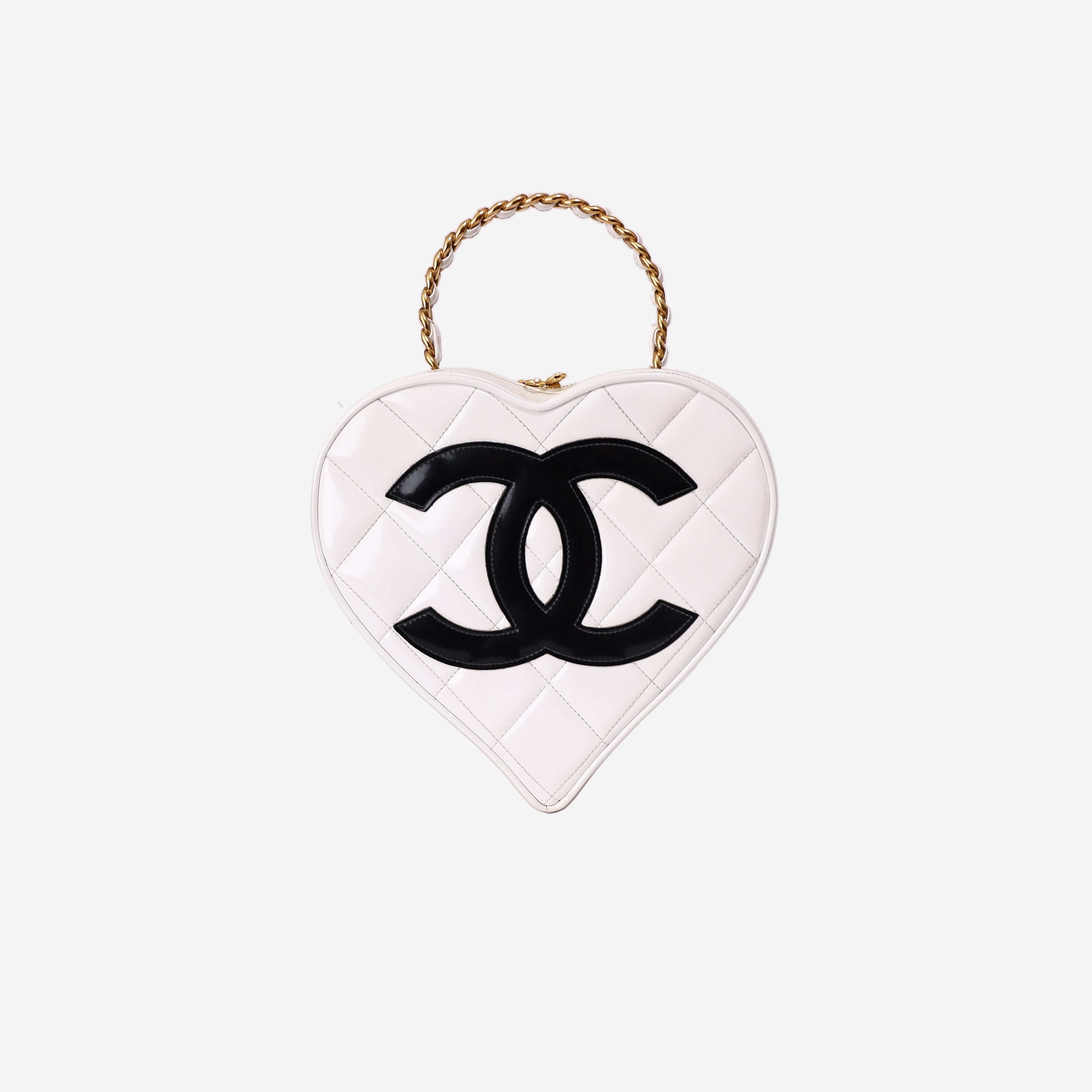 Chanel Vintage Heart-Shaped Vanity Bag in White Patent Leather with Gold Hardware