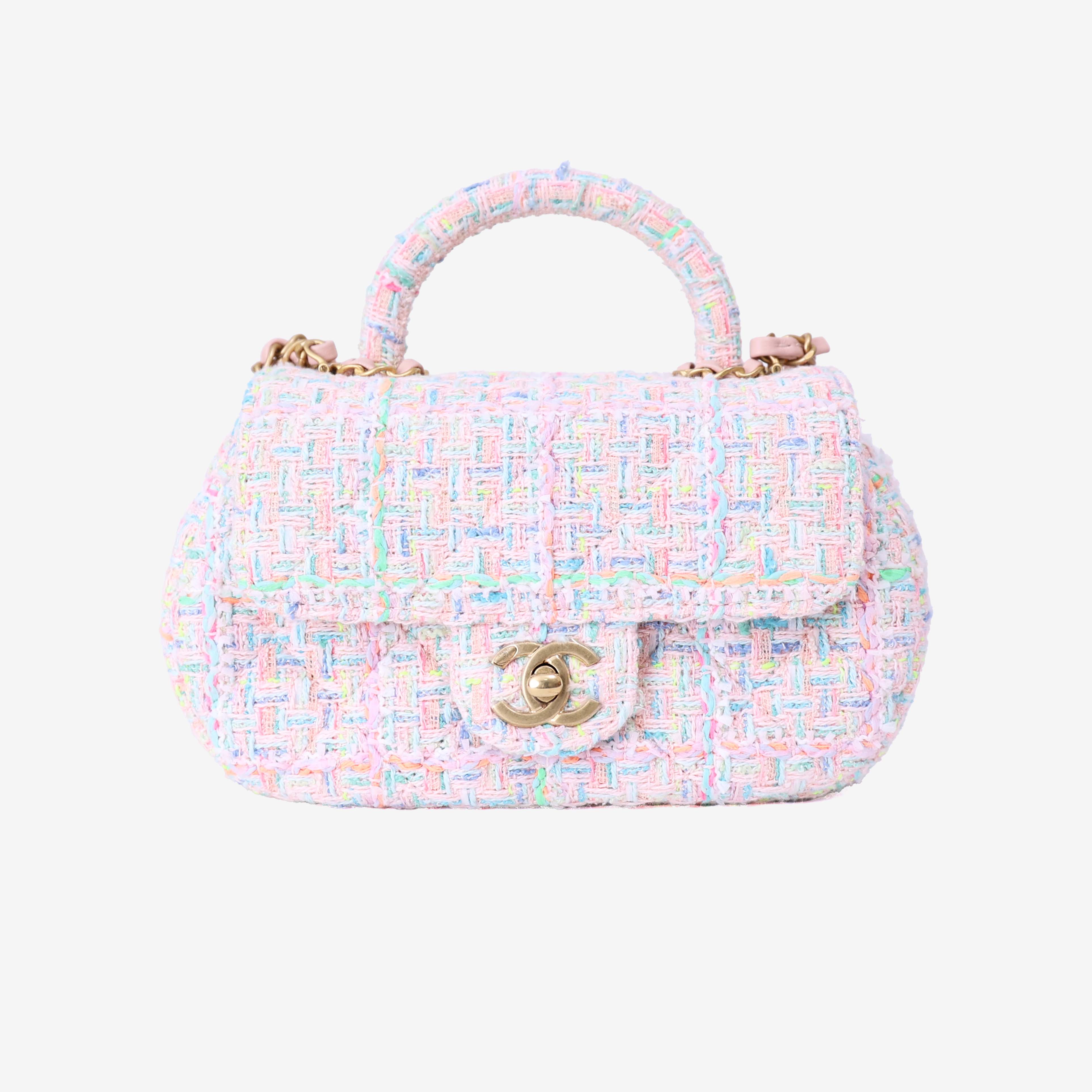 Chanel Mini Flap Bag with Top Handle in Pink Tweed Leather with Gold Hardware