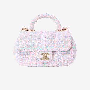 Chanel Mini Flap Bag with Top Handle in Pink Tweed Leather with Gold Hardware