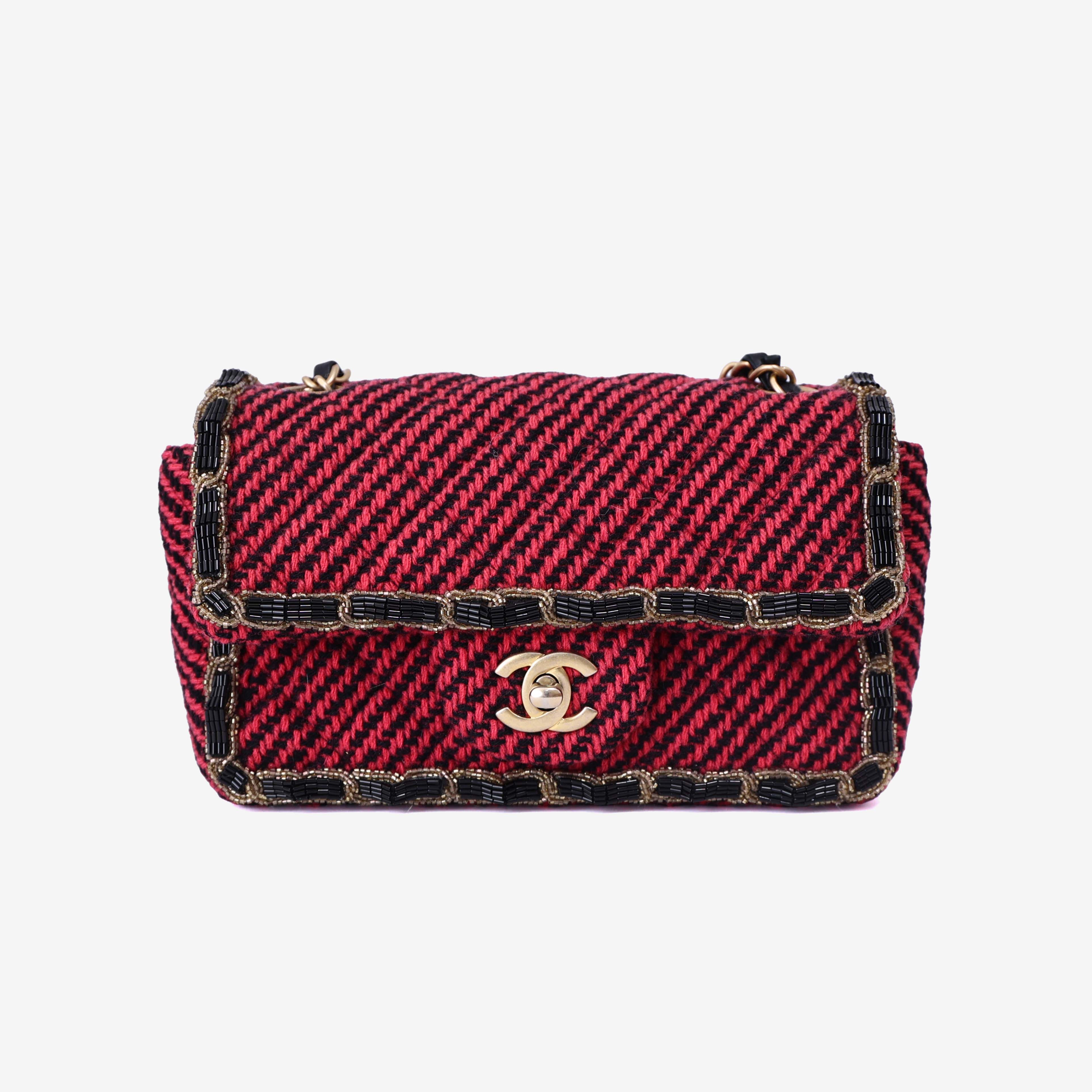 Chanel Classic Single Flap Mini Bag in Multicolour Braided Quilted Wool and Beaded Trim with Gold Hardware