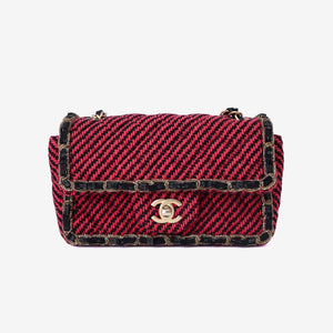 Chanel Classic Single Flap Mini Bag in Multicolour Braided Quilted Wool and Beaded Trim with Gold Hardware