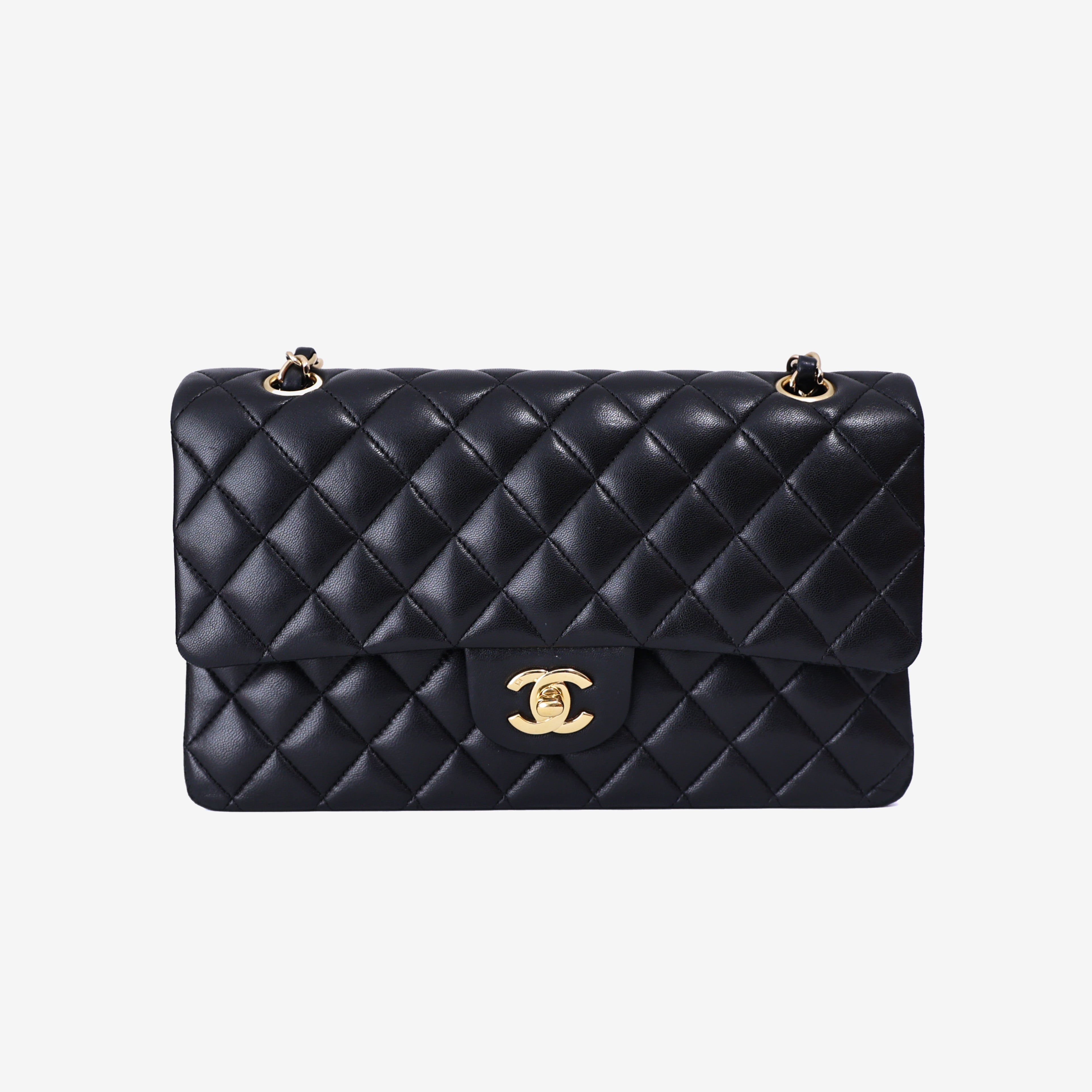Chanel Vintage Classic Double Flap Medium Bag in Black Lambskin Leather with 24k Gold Hardware