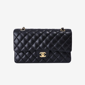 Chanel Vintage Classic Double Flap Medium Bag in Black Lambskin Leather with 24k Gold Hardware