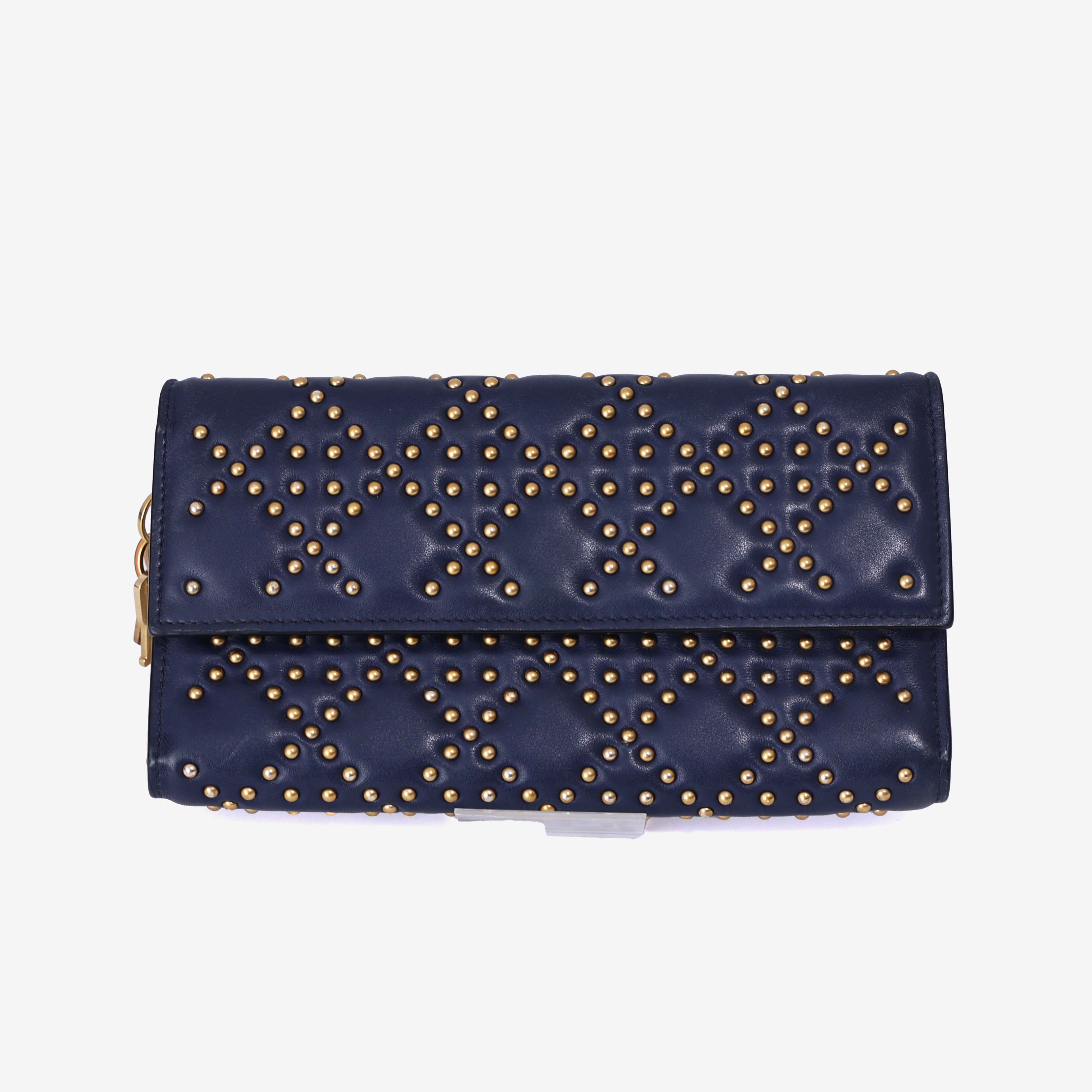 Dior Cannage Stud Wallet on Chain in Navy Lambskin Leather with Gold Hardware