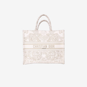 Dior Book Tote Medium in Latte Toile de Jouy Embroidered Cotton with Gold Detailing (Contact to Enquire)