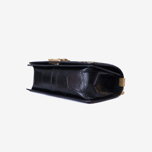 Chanel Medium Boy Flap Bag in Black Embossed Calfskin Leather with Gold Hardware