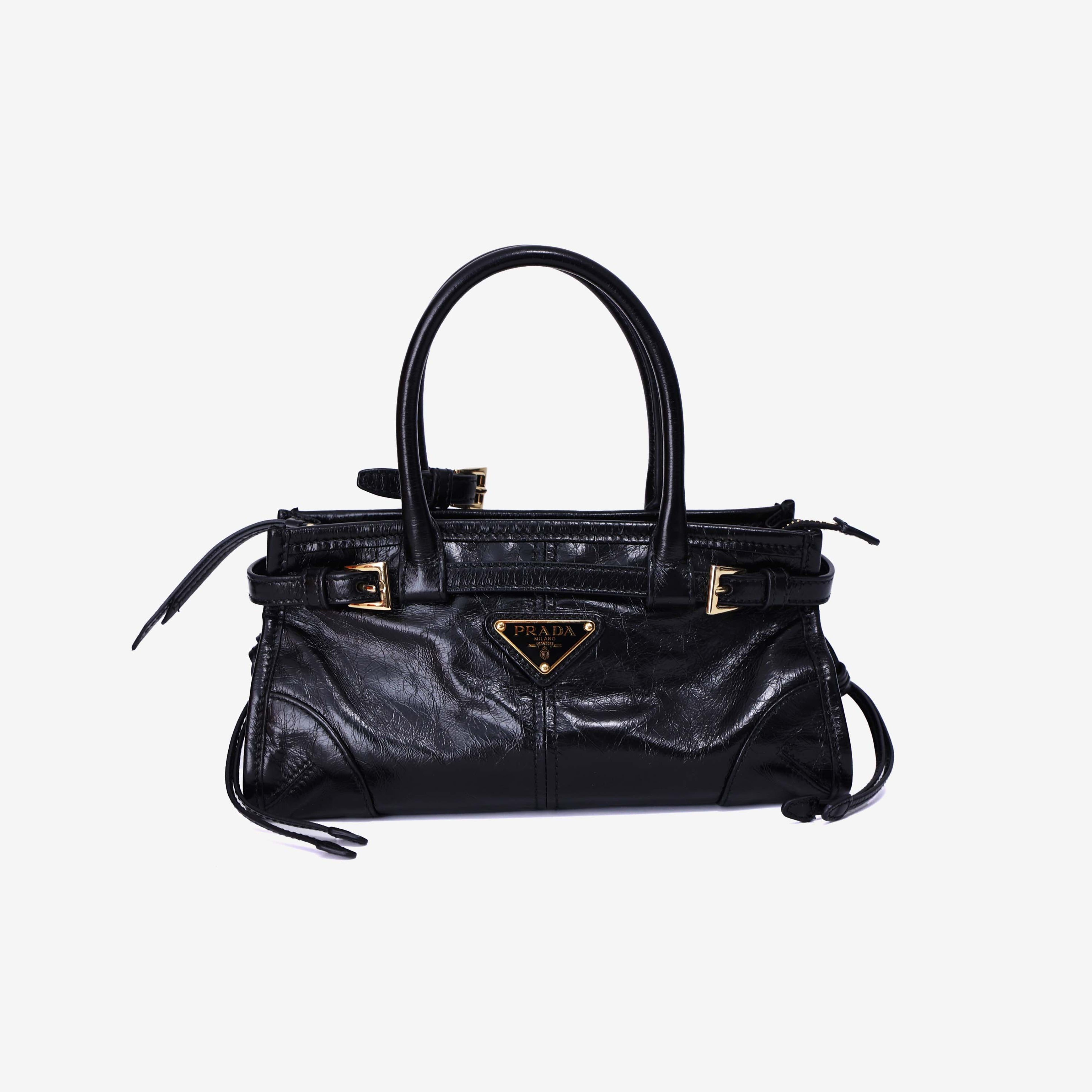 Prada Bonnie Mini Leather Top-Handle Bag in Black Calfskin Leather