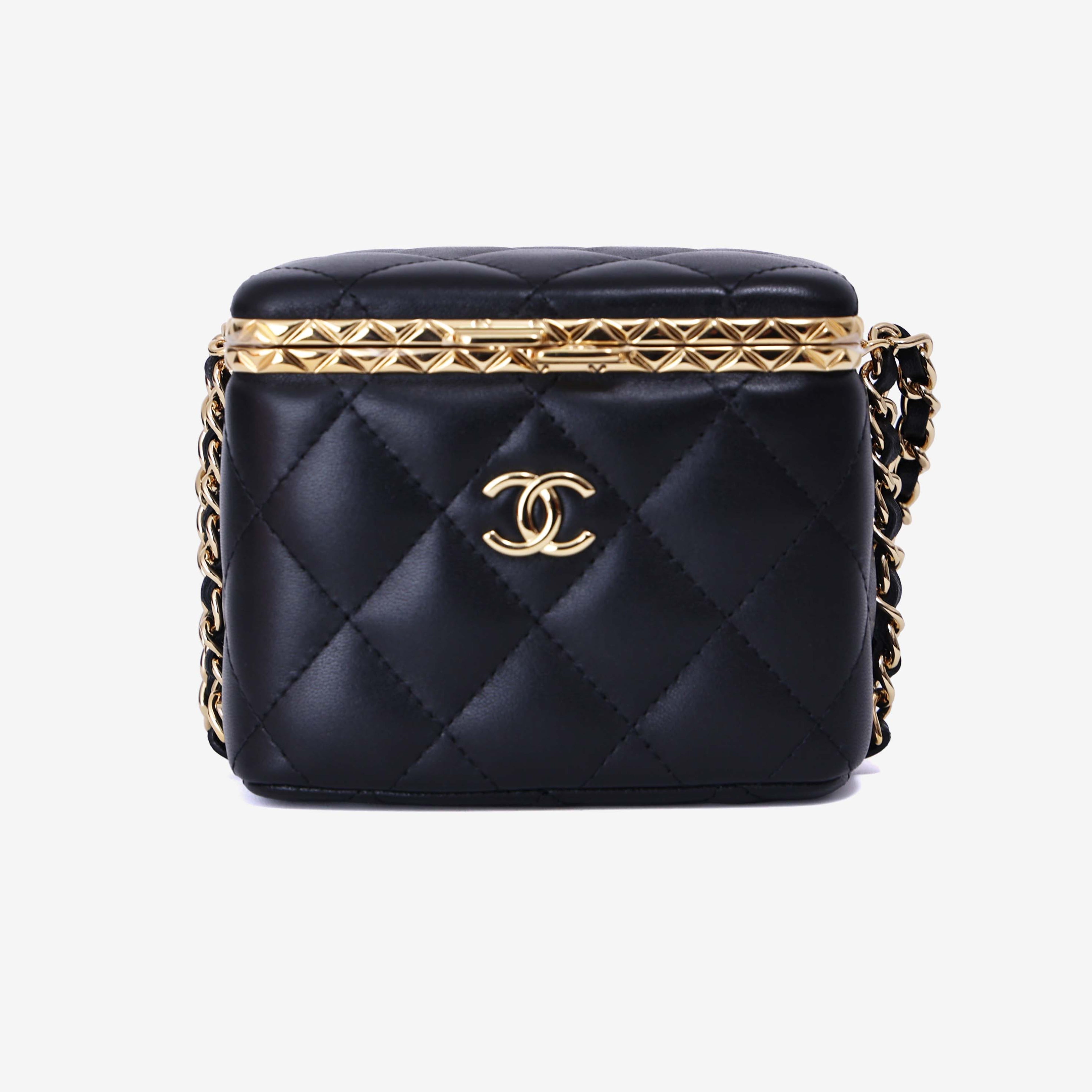 Chanel Lock Frame Vanity Case with Chain in Black Lambskin Leather with Gold Hardware