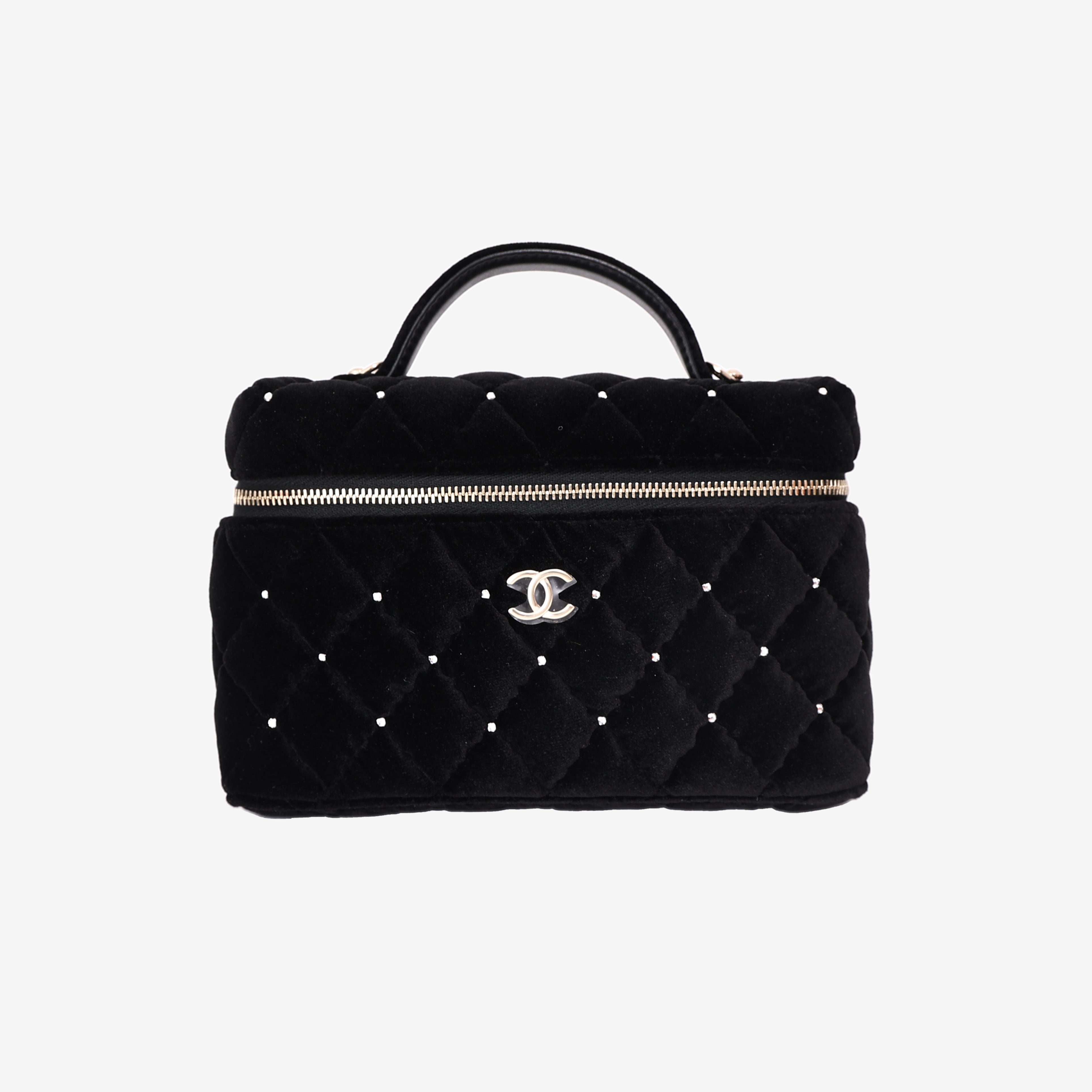Chanel Velvet Diamanté Quilted Top Handle Vanity Case in Black with Gold Hardware (Contact to Enquire)