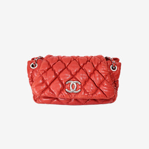 Chanel Bubble Accordion Flap Bag in Red Lambskin Leather with Silver Hardware