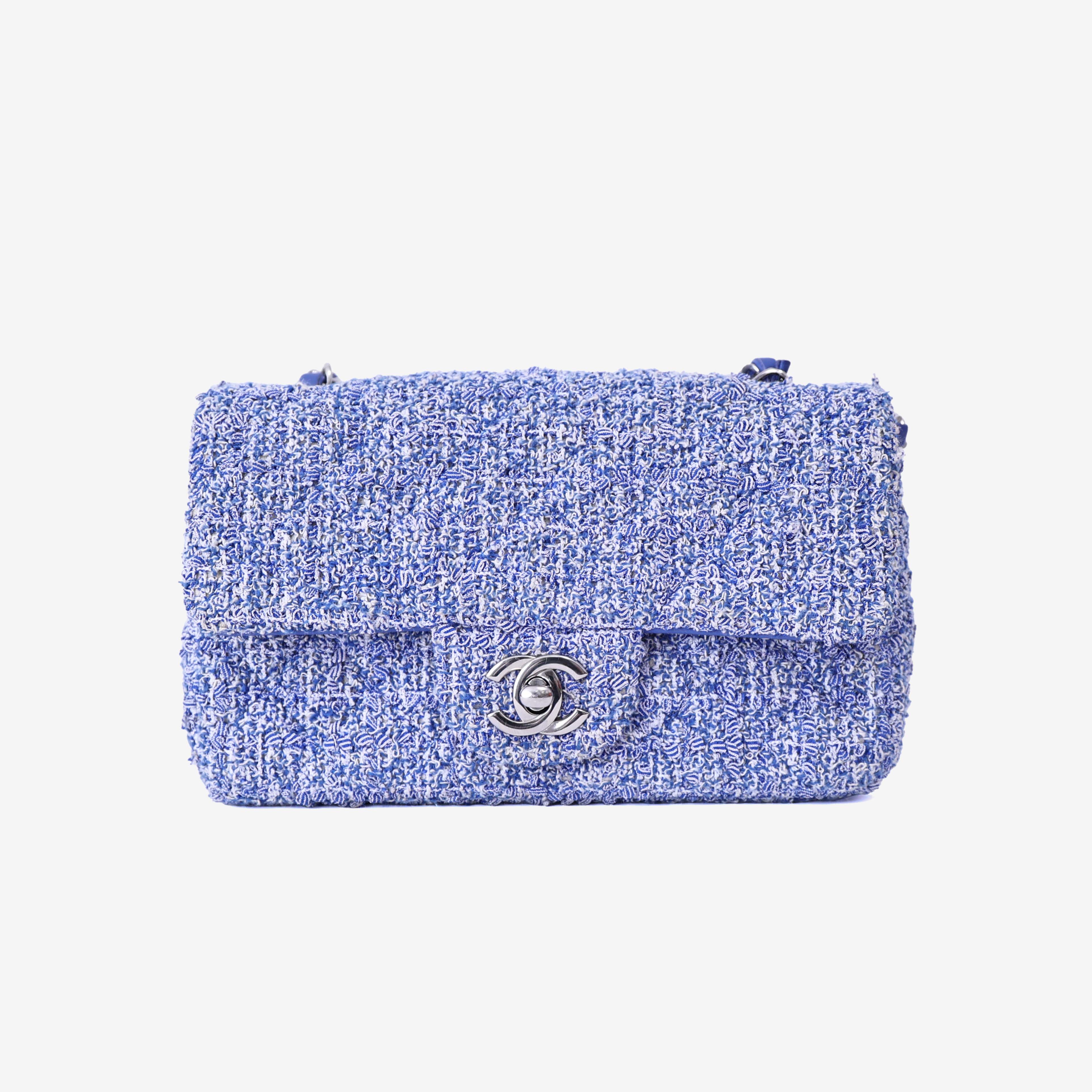 Chanel Mini Rectangular Flap Bag in Blue/White Tweed Leather with Silver Hardware