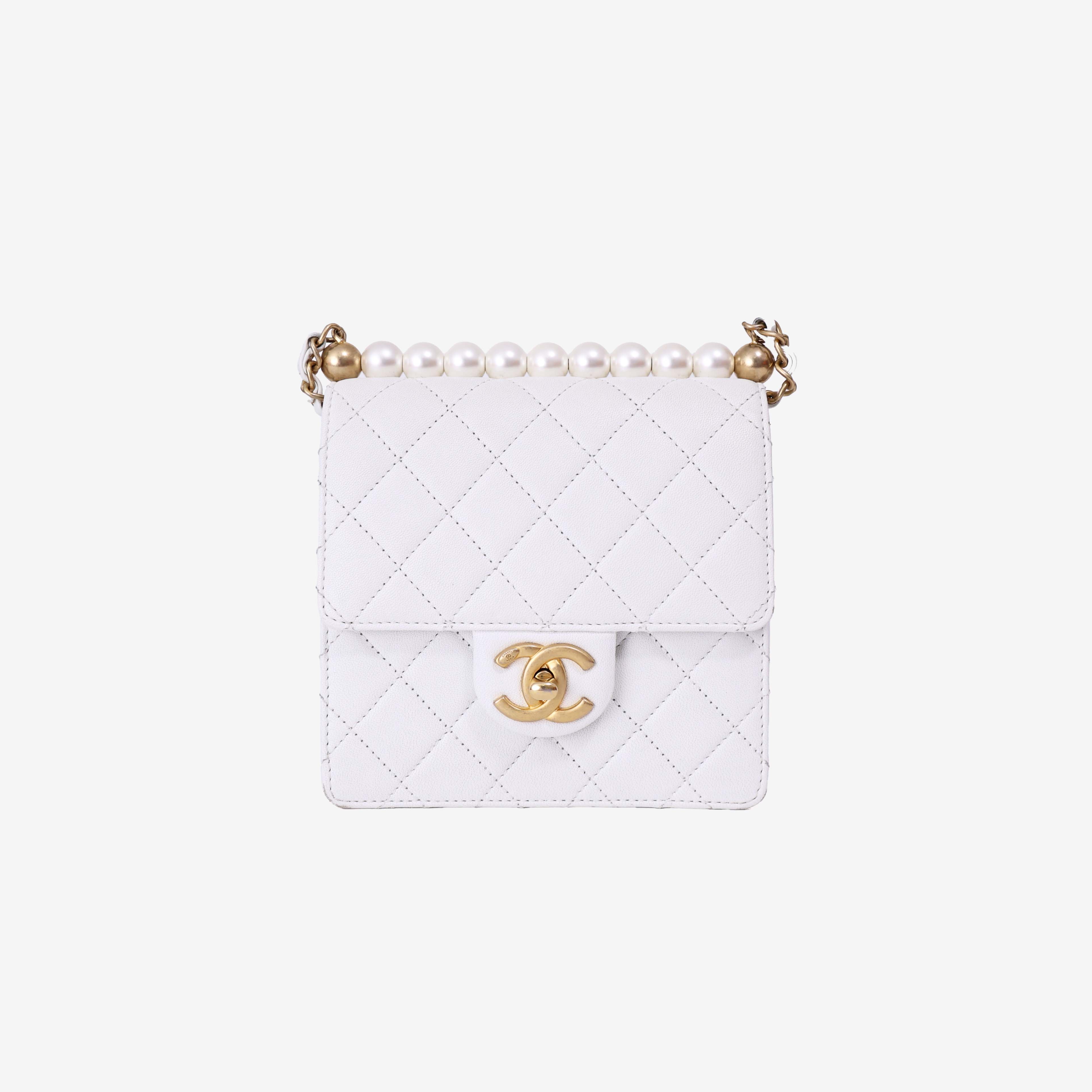 Chanel Classic Flap on Pearl Chain Bag in White Lambskin with Gold Hardware (Contact to Enquire)