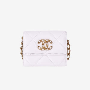 Chanel 19 Card Holder on Chain in White Lambskin Leather with Gold Hardware
