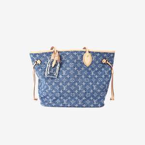 Louis Vuitton Neverfull MM Tote Bag in Blue Monogram Denim with Gold Hardware