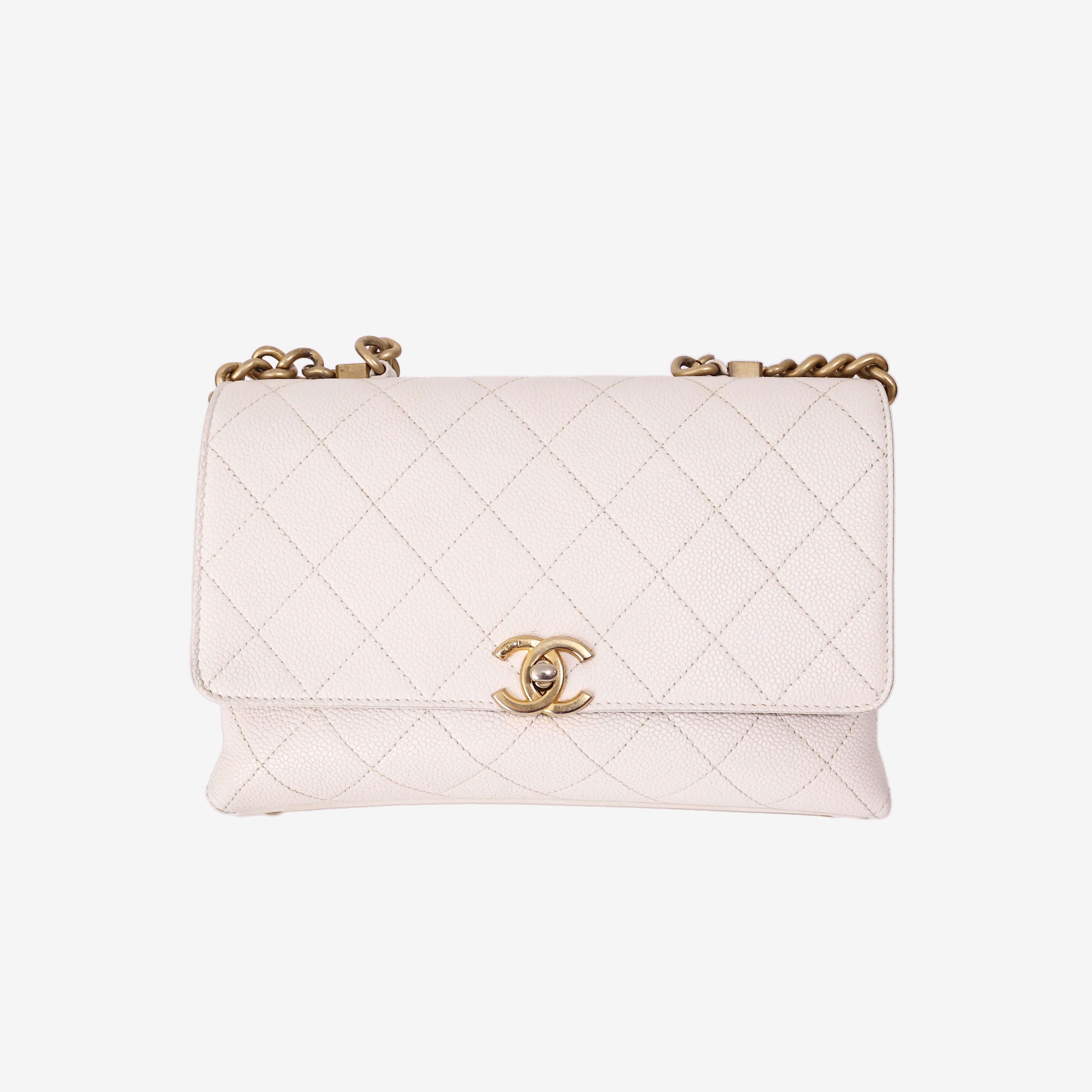 Chanel Small Stitched Flap Bag in White Grained Calfskin with Gold Hardware