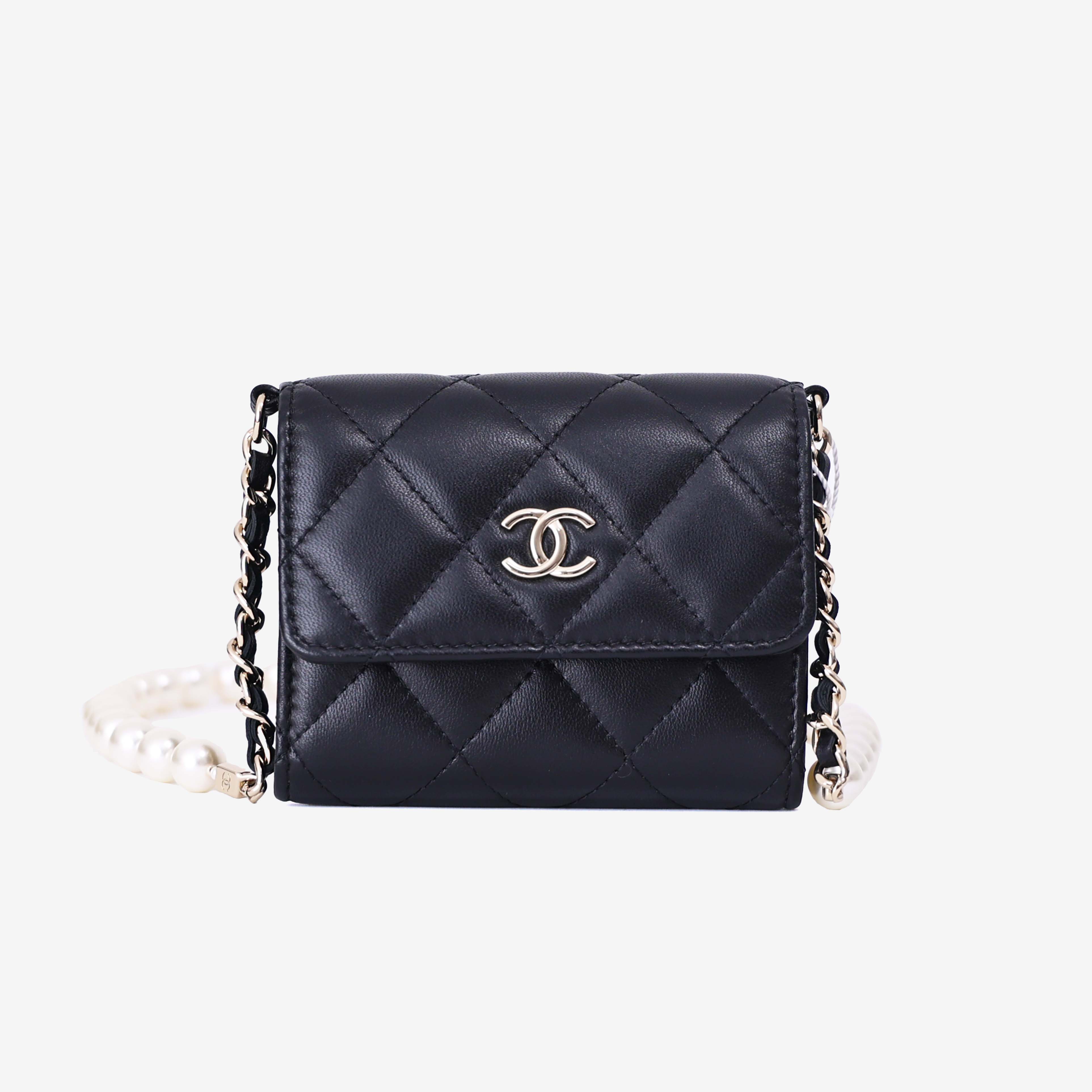 Chanel Wallet on Pearl Chain Card Holder in Black Lambskin Leather with Gold Hardware (Contact to Enquire)