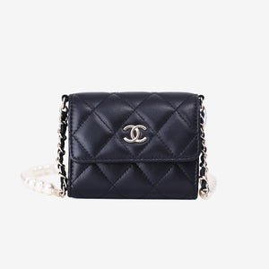 Chanel Wallet on Pearl Chain Card Holder in Black Lambskin Leather with Gold Hardware (Contact to Enquire)