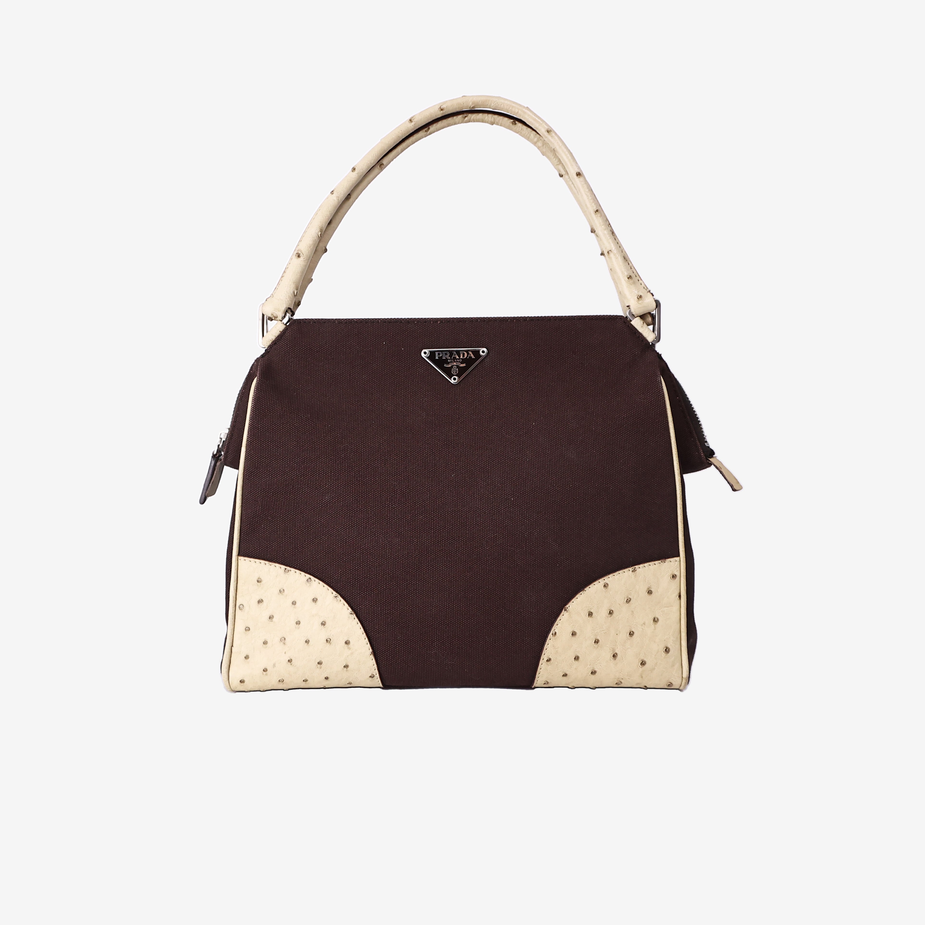 Prada Triangle Ostrich Shoulder Bag in Brown Canvas and Ostrich Leather
