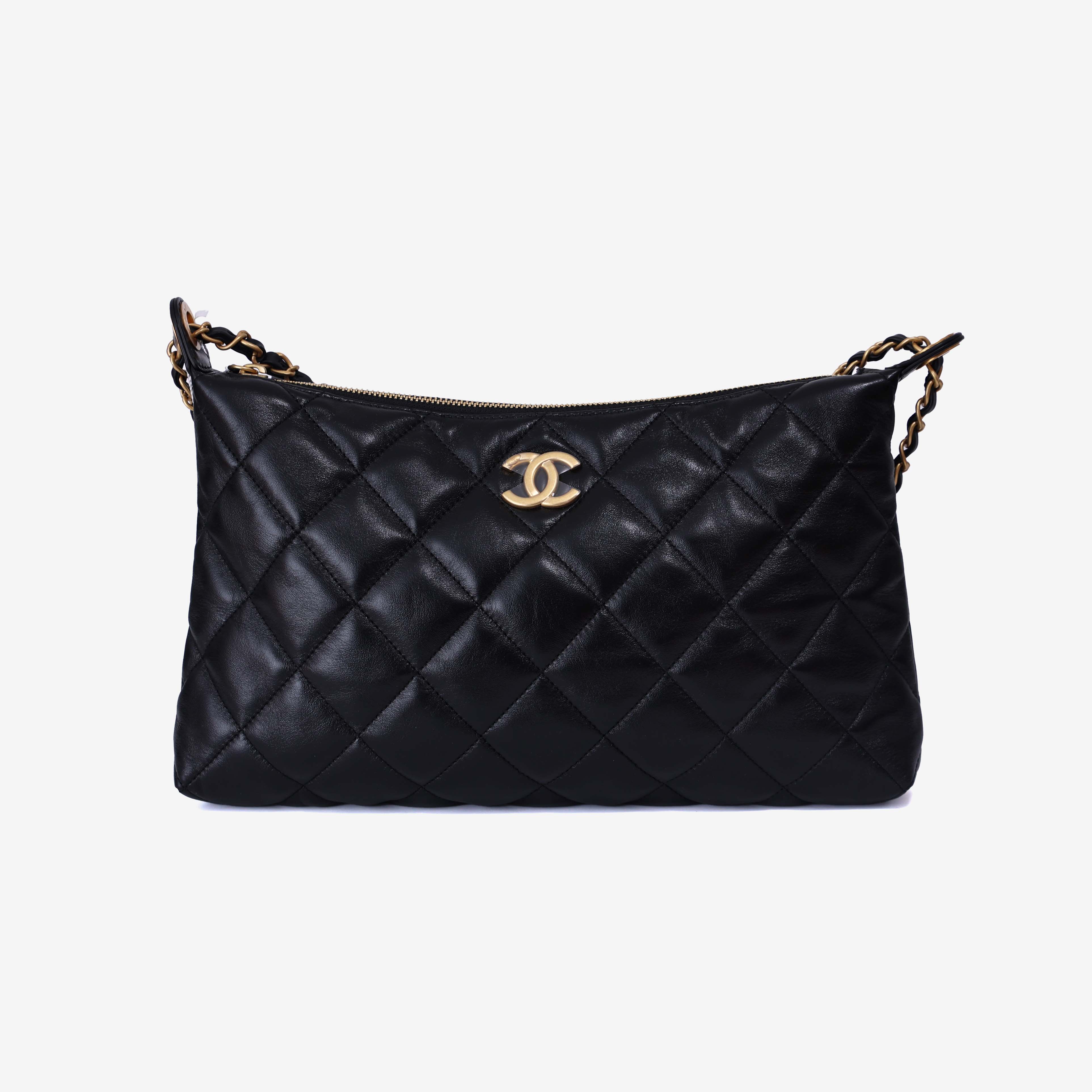 Chanel Matelassé Small Hobo Shoulder Bag in Black Lambskin Leather with Gold Hardware