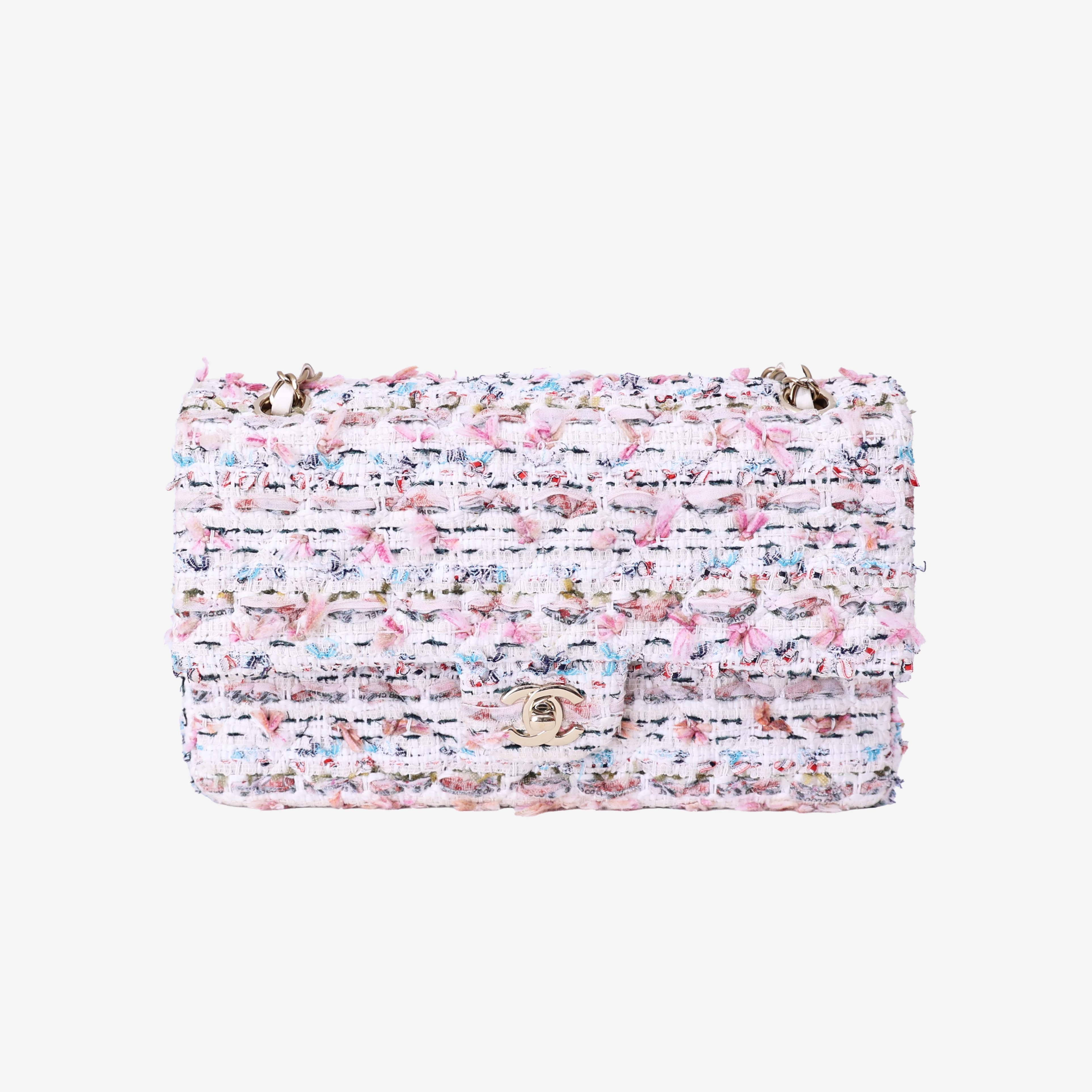 Chanel Classic Flap Bag in White/Pink Tweed Leather with Gold Hardware