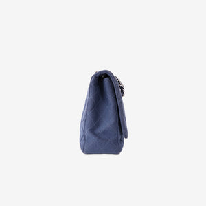 Chanel Quilted Jersey Denim Classic Flap Bag in Blue Knit Fabric with Silver Hardware