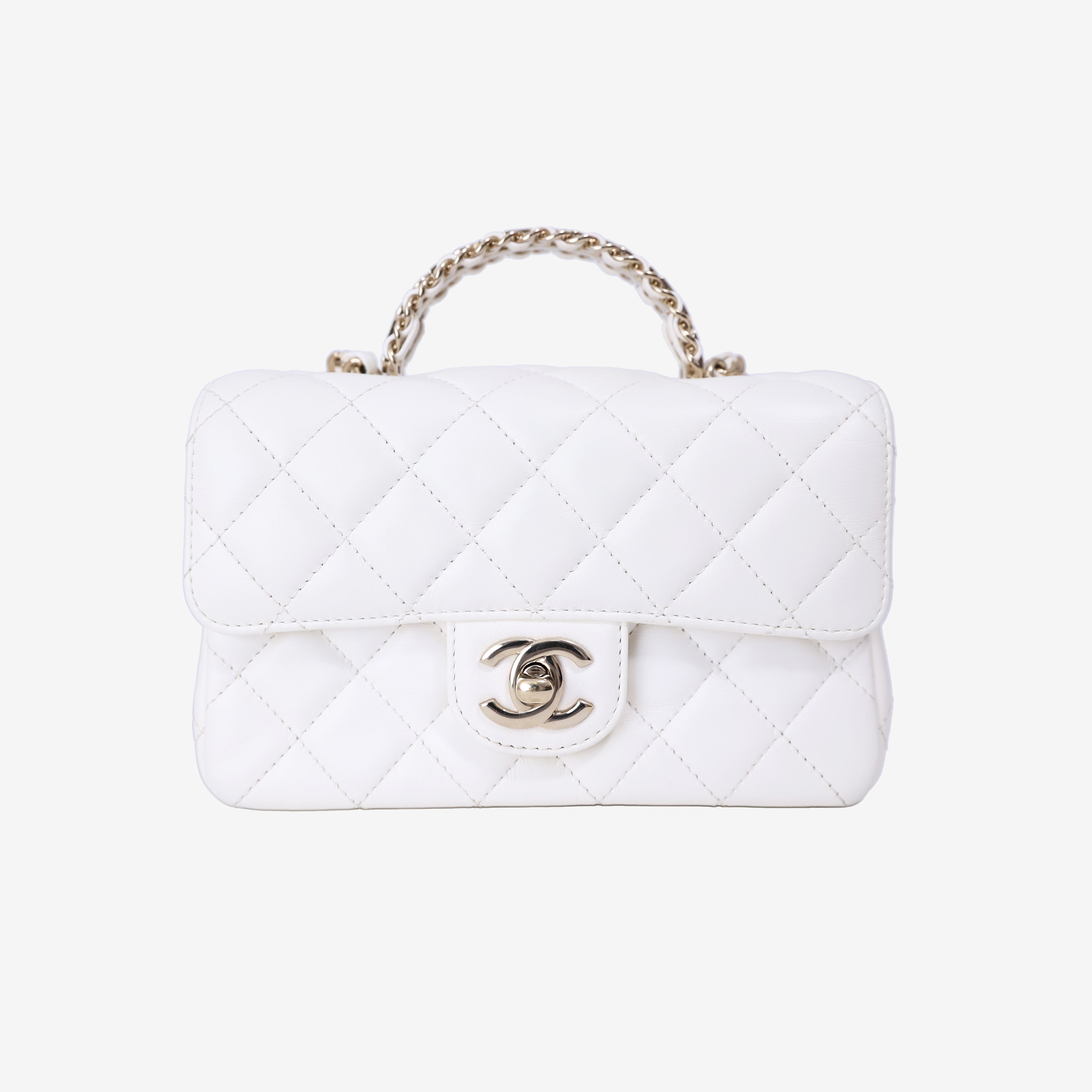 Chanel Crystals Top Handle Flap in White Lambskin Leather with Gold Hardware