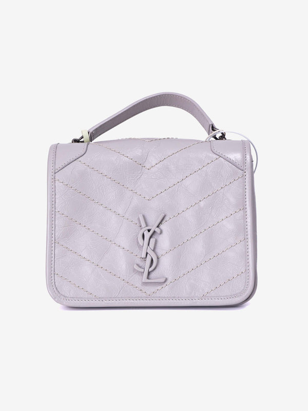 Saint Laurent Mini Niki Chain Shoulder Bag in Grey Calfskin Leather
