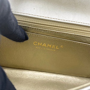 Patent Metallic Crumpled Calfskin Chevron Quilted Mini Rectangular Flap Gold