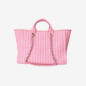 Chanel Large Deauville Tote in Pink and Blue Striped Canvas with Calfskin Leather and Palladium Hardware