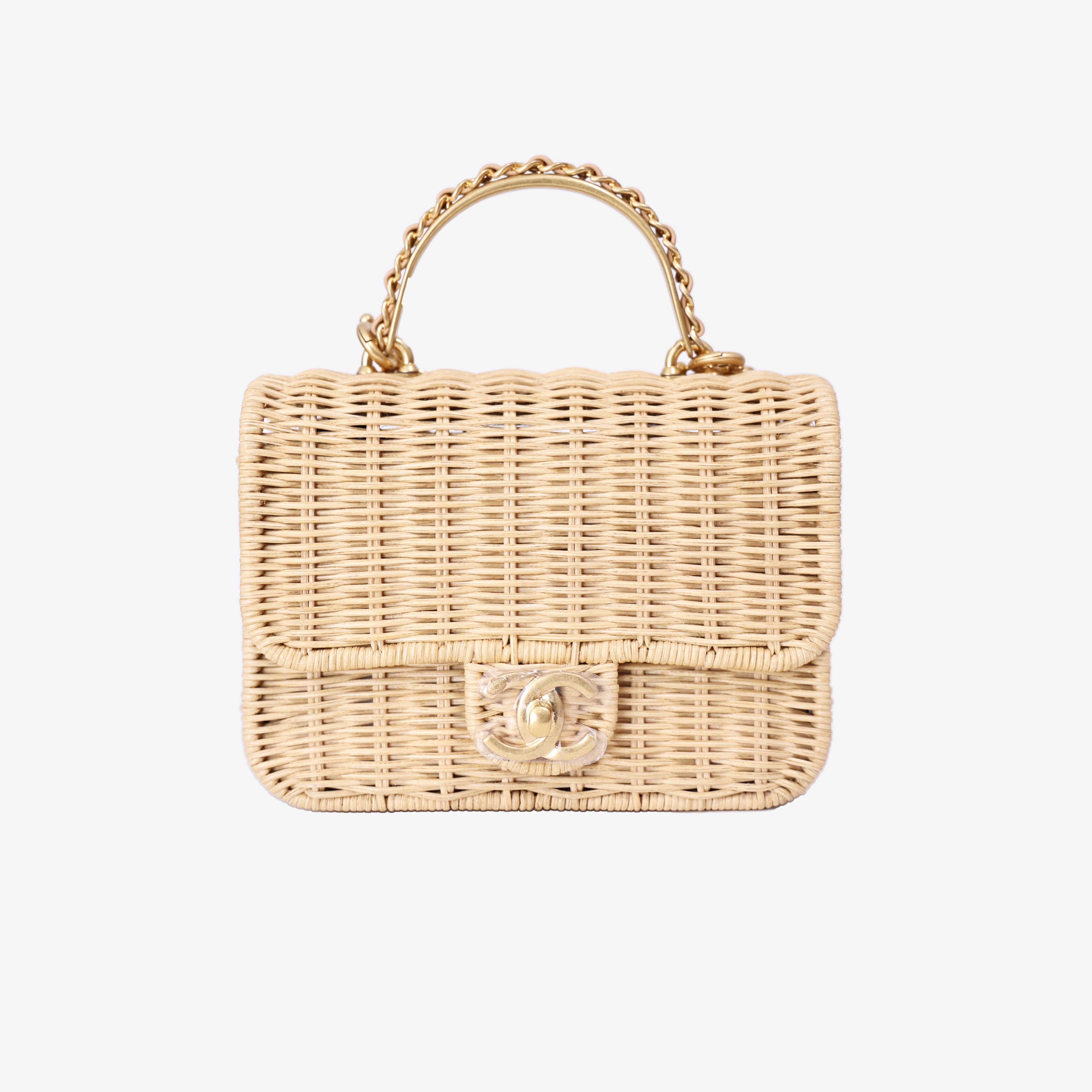 Chanel Mini Flap Bag with Top Handle in Beige Braided Rattan with Gold Hardware (Contact to Enquire)