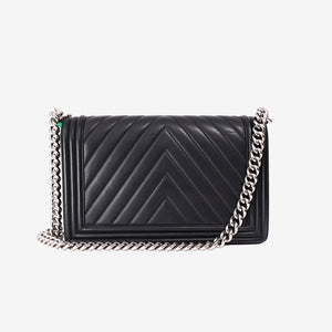Chanel Boy Bag in Black Chevron Leather with Silver Hardware