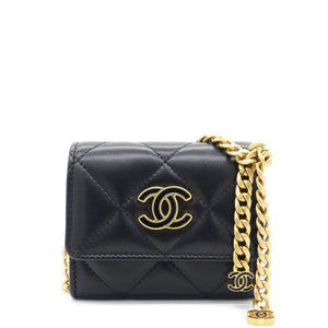 Black Quilted Lambskin Leather cc Enamel Card Holder with Chain