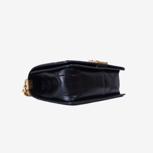 Chanel Medium Boy Flap Bag in Black Embossed Calfskin Leather with Gold Hardware