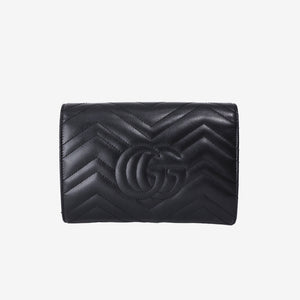 Gucci GG Marmont Wallet on Chain in Black Matelassé Lambskin Leather with Gold Hardware