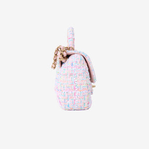 Chanel Mini Flap Bag with Top Handle in Pink Tweed Leather with Gold Hardware