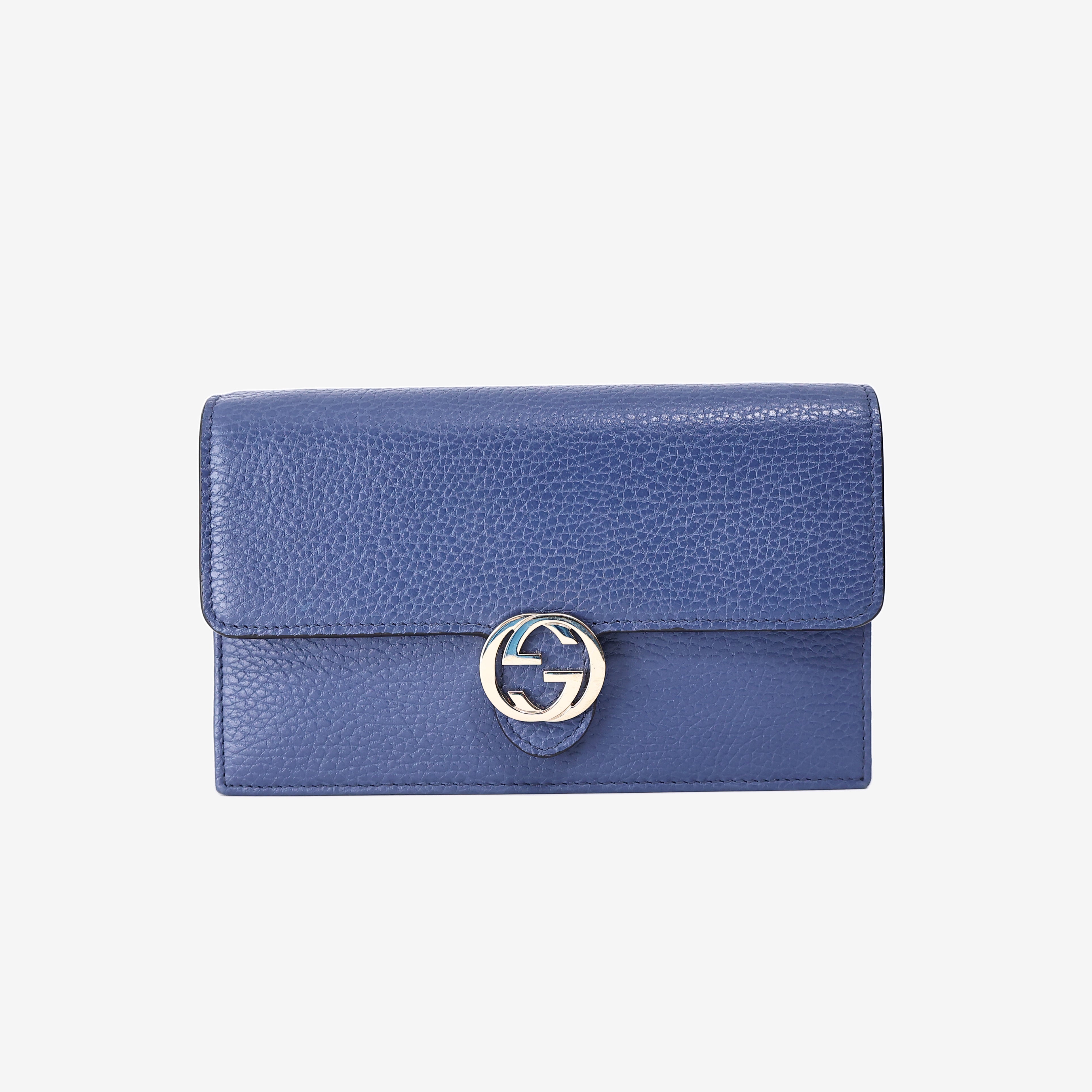 Gucci Interlocking G Wallet on Chain in Blue Calfskin Leather with Gold Hardware