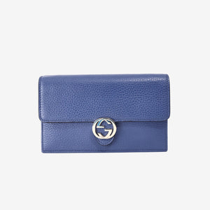 Gucci Interlocking G Wallet on Chain in Blue Calfskin Leather with Gold Hardware