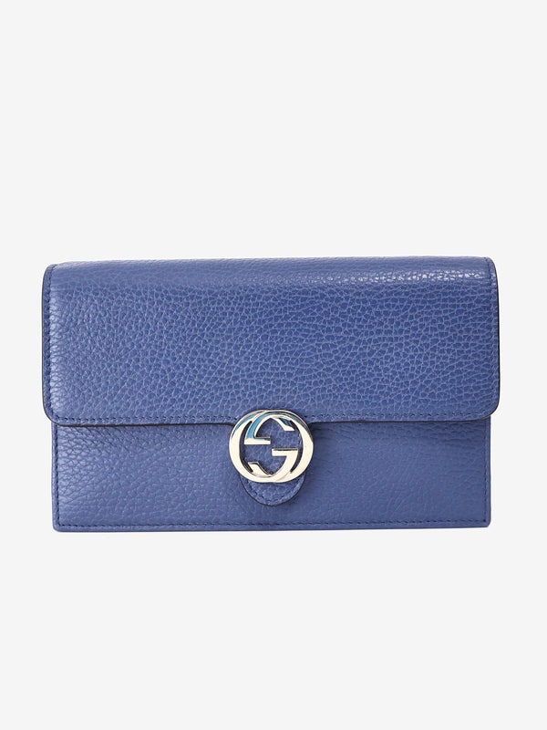 Gucci Interlocking G Wallet on Chain in Blue Calfskin Leather with Gold Hardware