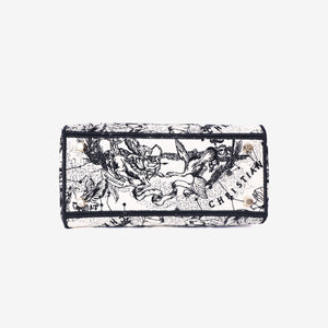 Dior Medium Lady D-Lite Zodiac Embroidered Bag in White/Black Canvas with Gold Hardware