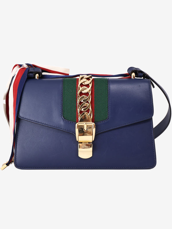Gucci Sylvie Small Shoulder Bag in Navy Calfskin Leather with Gold Hardware