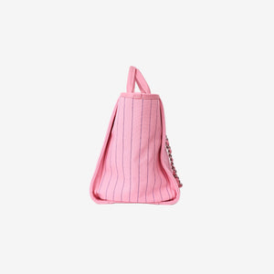 Chanel Large Deauville Tote in Pink and Blue Striped Canvas with Calfskin Leather and Palladium Hardware