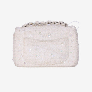 Chanel Tweed Beaded Mini Rectangular Flap in White Tweed with Silver Hardware