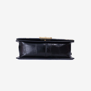 Chanel Medium Boy Flap Bag in Black Embossed Calfskin Leather with Gold Hardware